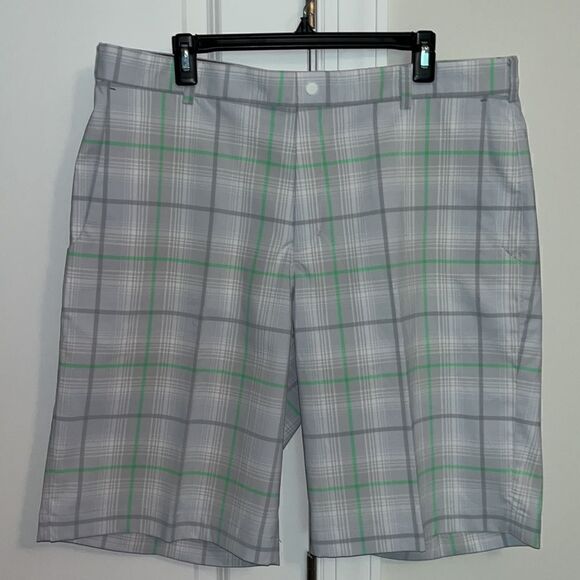 Nike Tour Performance Grey & Lime Green plaid Poly Flat front Golf Swoosh Shorts - Picture 1 of 7